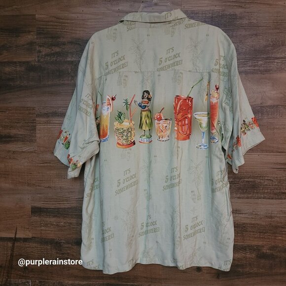 Vtg Big Dogs Hawaiian Camp Shirt 2X Pocket Green Tropical Drinks Vacation Y2K - Picture 2 of 15